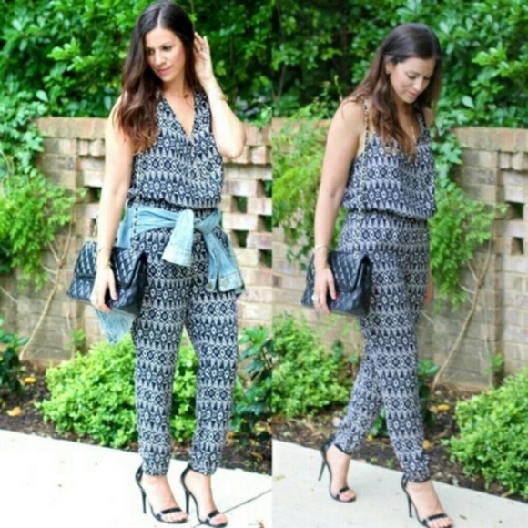 LOFT Pants - LOFT Navy Twist Back Ikat Pattern Jumpsuit